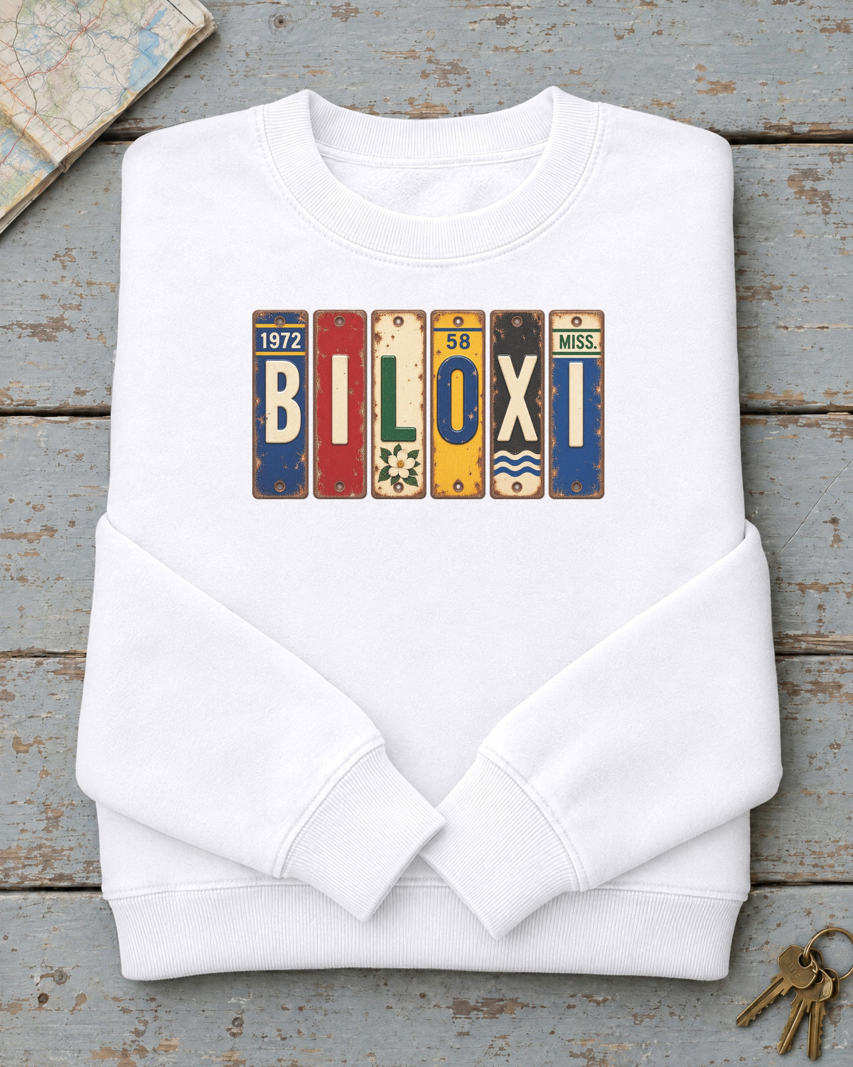 Biloxi, Mississippi vintage license plate sweatshirt in White