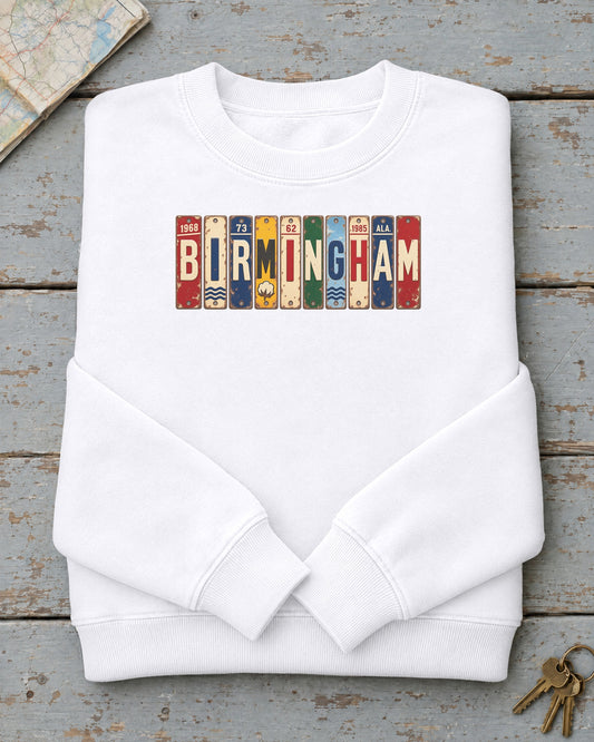 Birmingham, Alabama vintage license plate sweatshirt in White