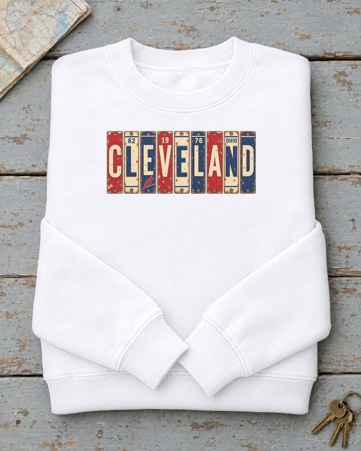 Cleveland, Ohio vintage license plate sweatshirt in White