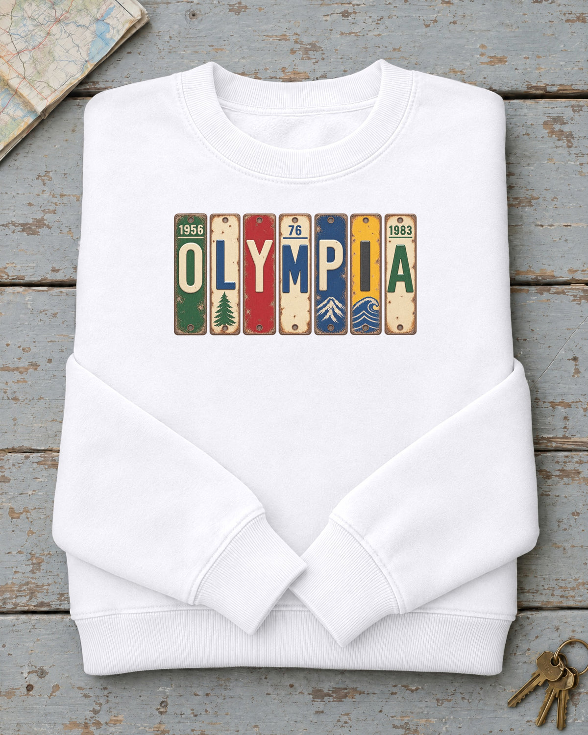 Olympia, Washington vintage license plate sweatshirt in White