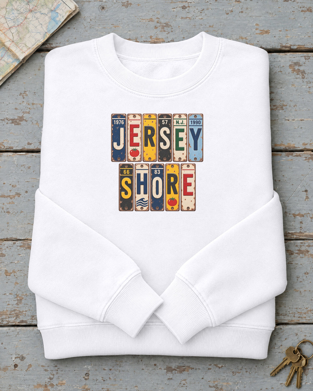 Jersey Shore, New Jersey vintage license plate sweatshirt in White