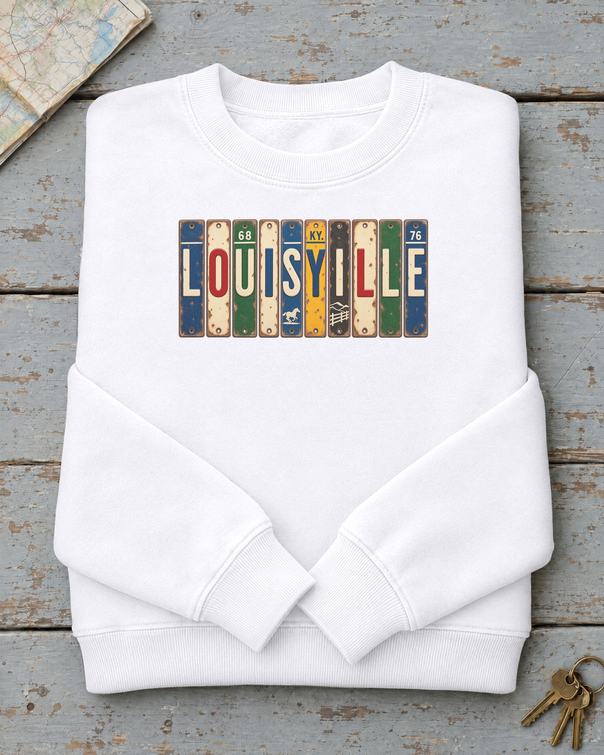 Louisville, Kentucky vintage license plate sweatshirt in White
