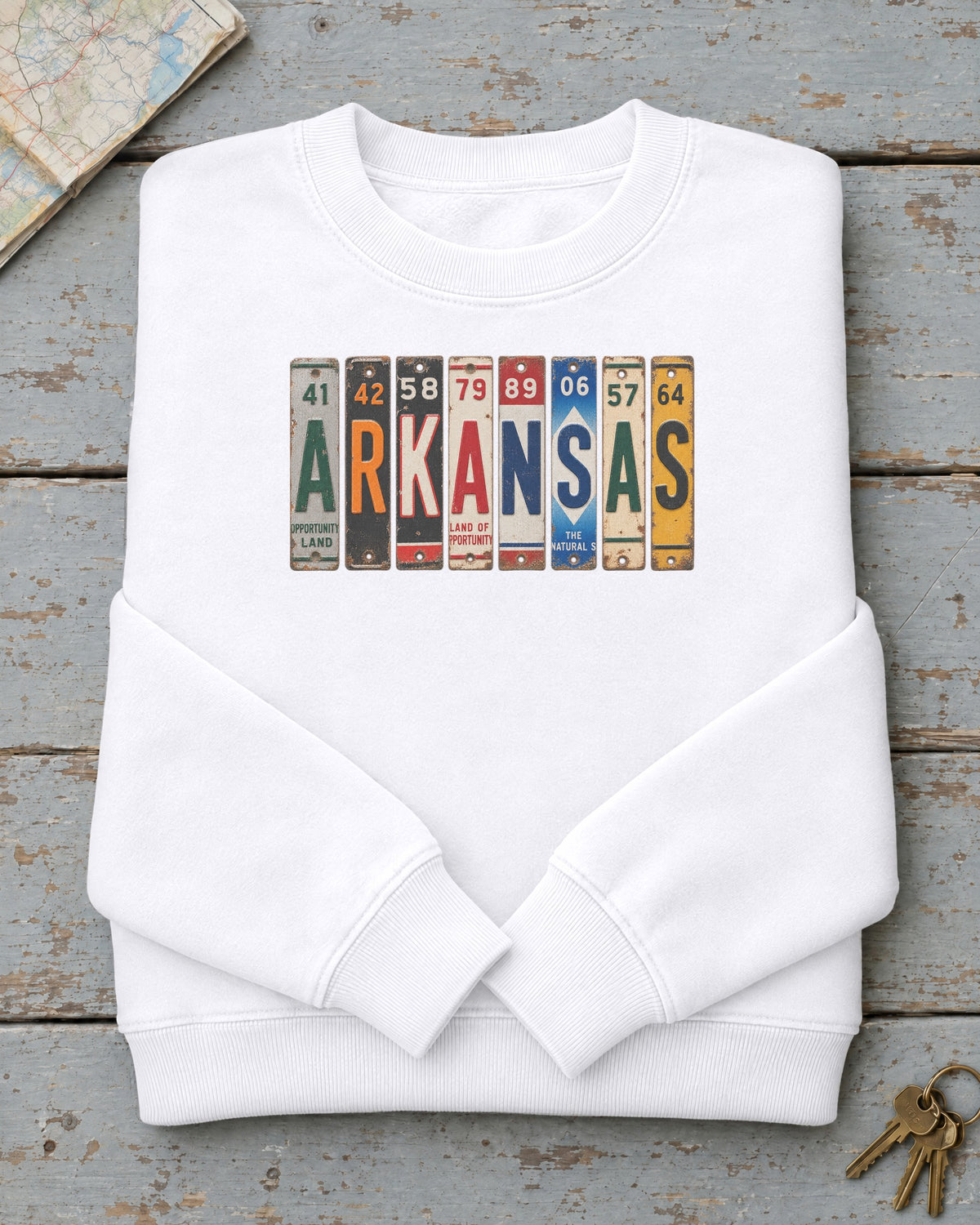 Arkansas vintage license plate sweatshirt in White
