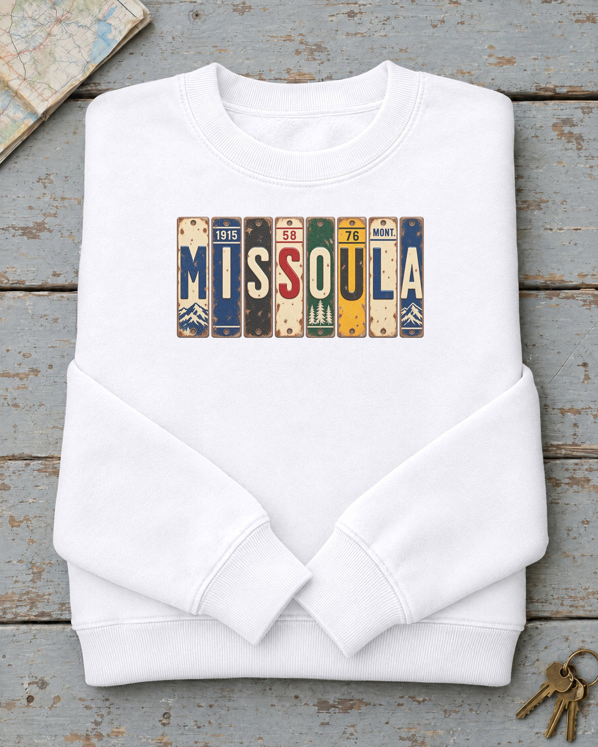 Missoula, Montana vintage license plate sweatshirt in White