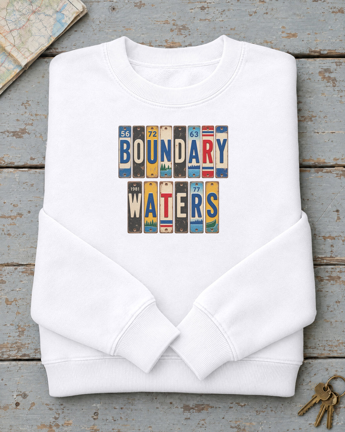 Boundary Waters, Minnesota vintage license plate sweatshirt in White