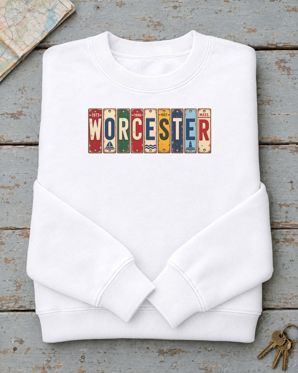 Worcester, Massachusetts vintage license plate sweatshirt in White