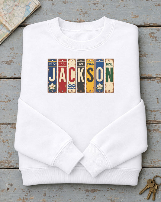 Jackson, Mississippi vintage license plate sweatshirt in White