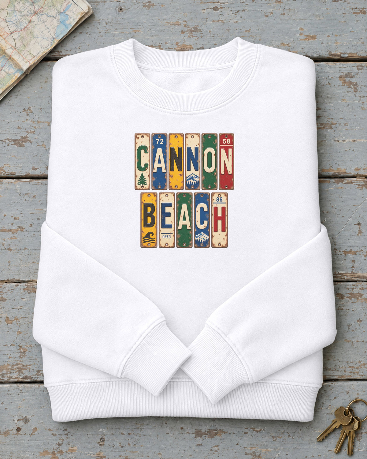 Cannon Beach, Oregon vintage license plate sweatshirt in White