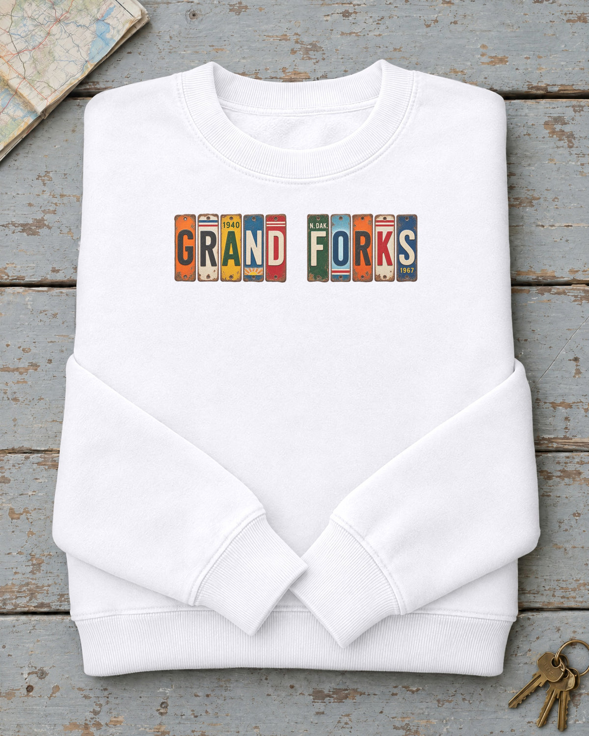 Grand Forks, North Dakota vintage license plate sweatshirt in White