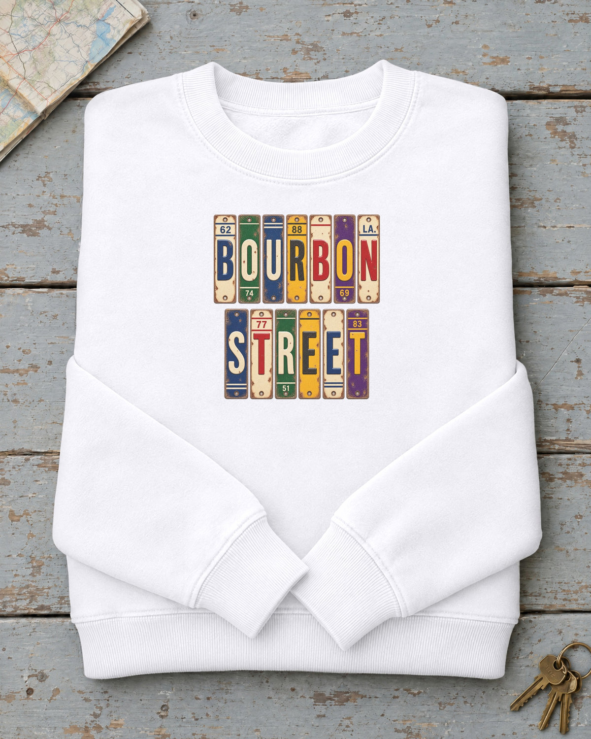 Bourbon Street, Louisiana vintage license plate sweatshirt in White