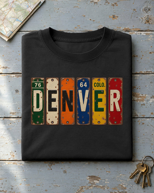 Denver, Colorado vintage license plate t-shirt in Black