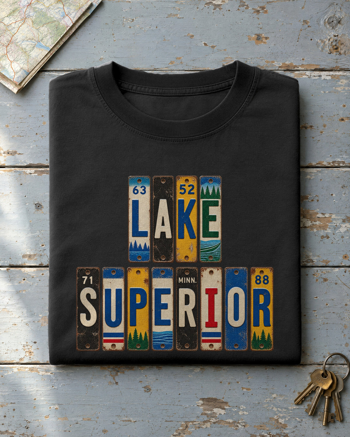 Lake Superior, Minnesota vintage license plate t-shirt in Black