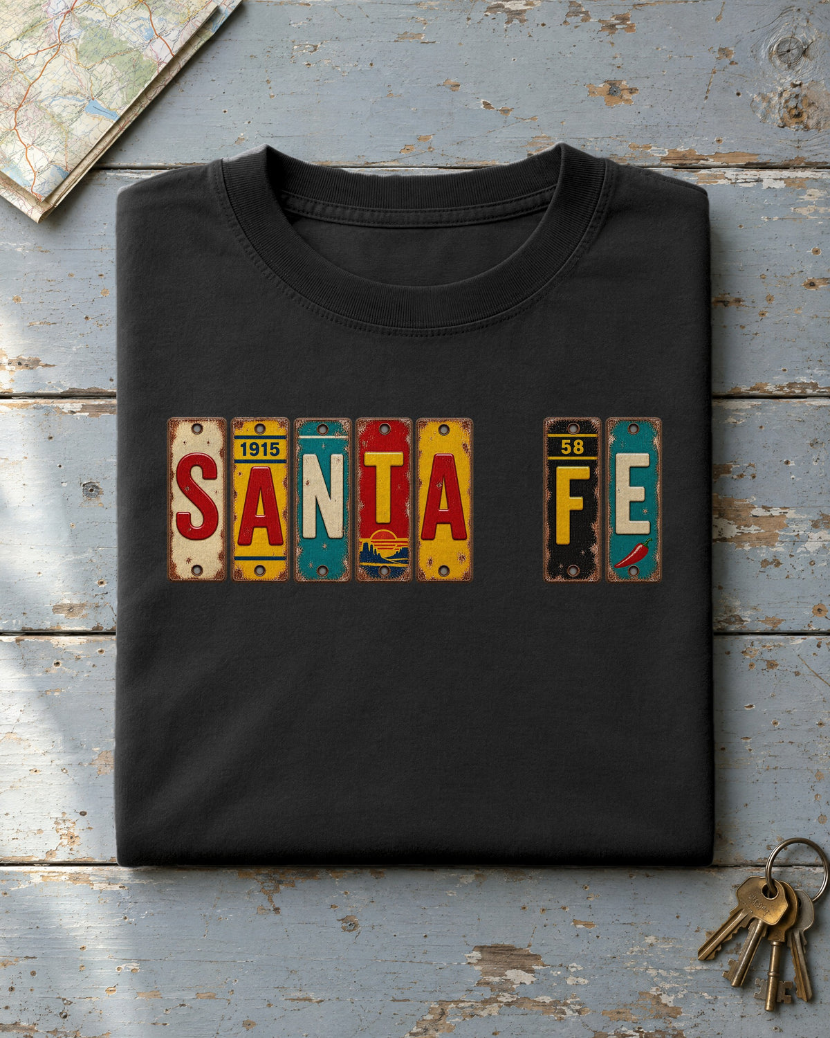 Santa Fe, New Mexico vintage license plate t-shirt in Black