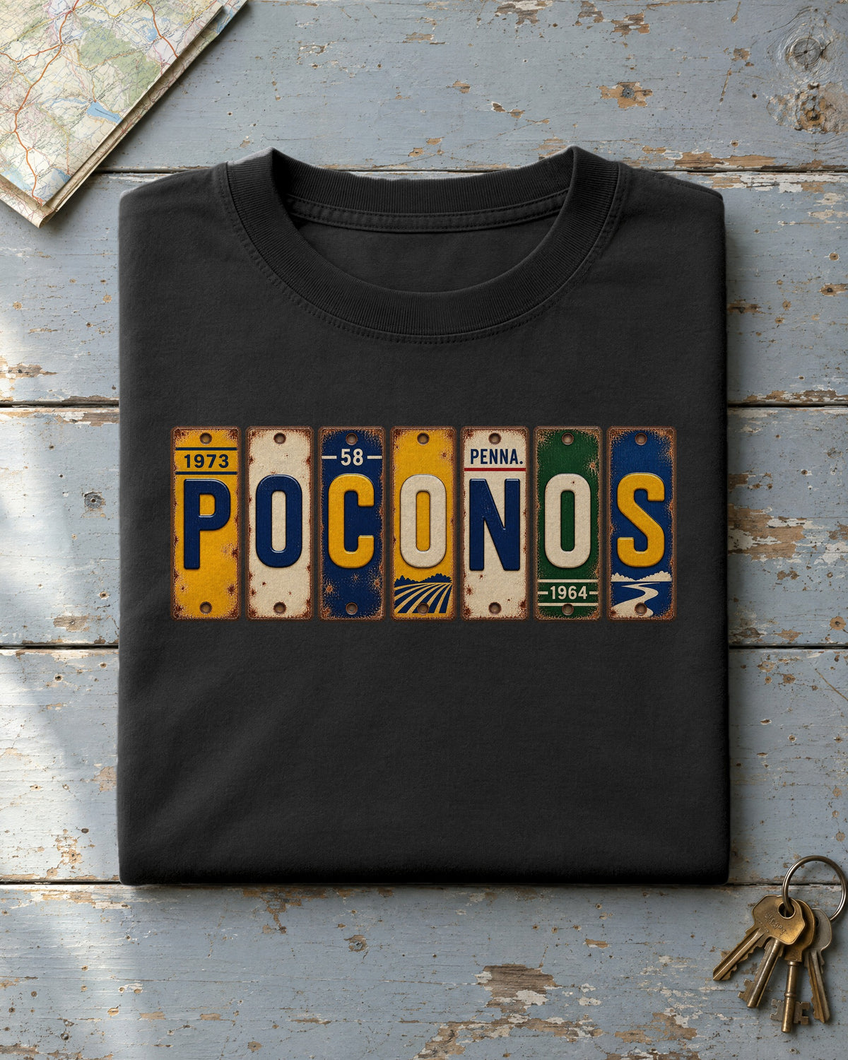 Poconos, Pennsylvania vintage license plate t-shirt in Black