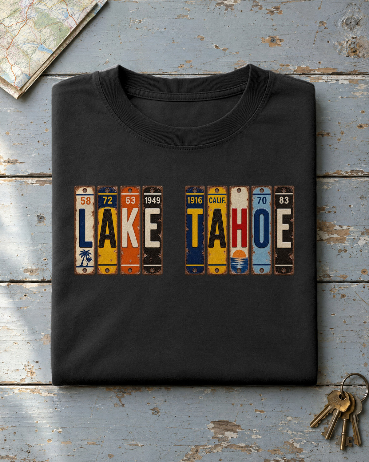 Lake Tahoe, California vintage license plate t-shirt in Black