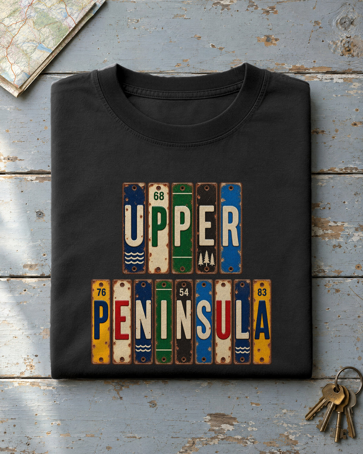 Upper Peninsula, Michigan vintage license plate t-shirt in Black