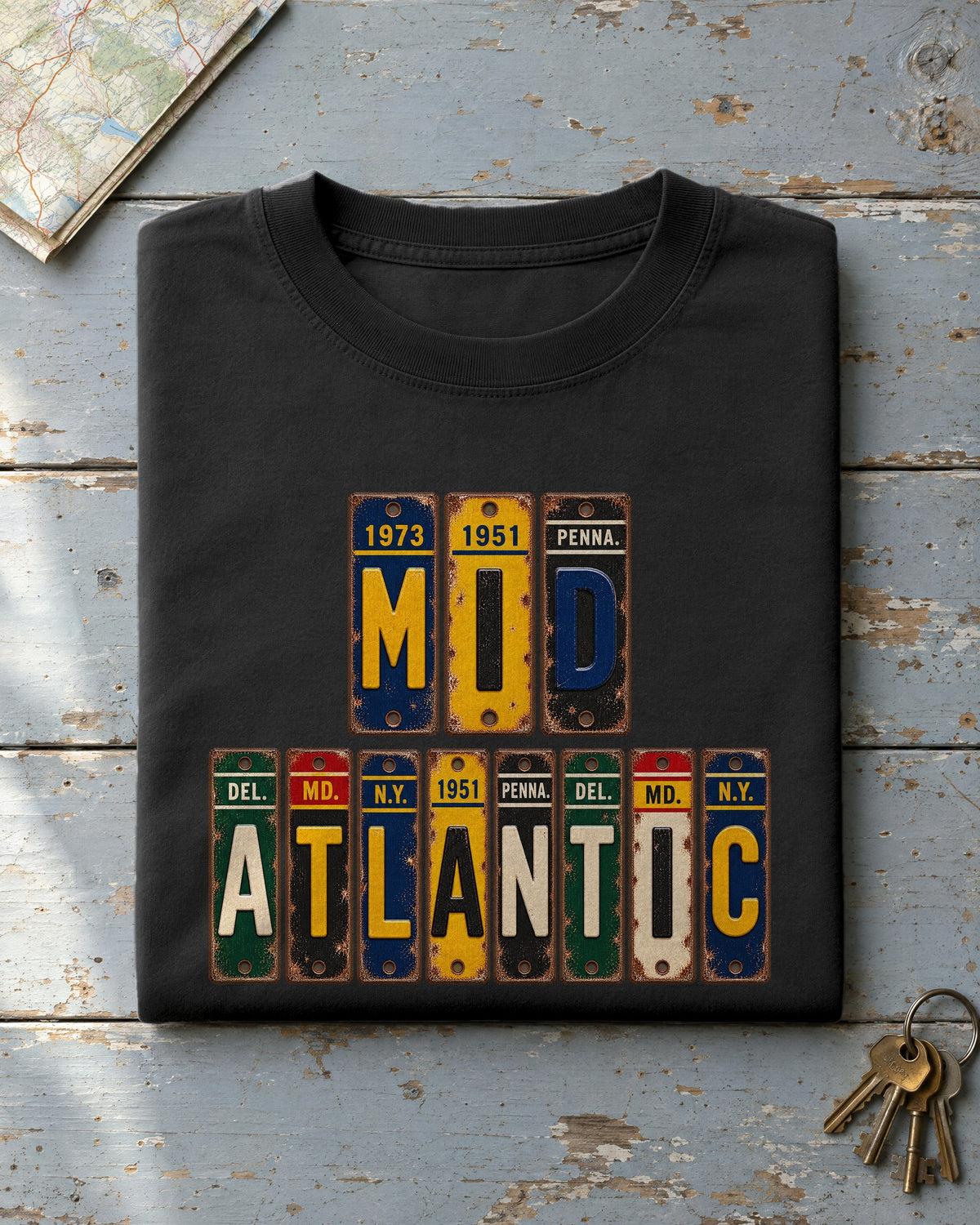 Mid-Atlantic vintage license plate t-shirt in Black