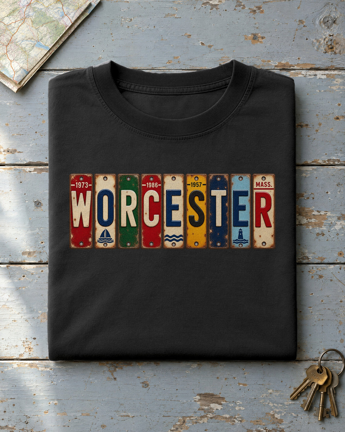 Worcester, Massachusetts vintage license plate t-shirt in Black