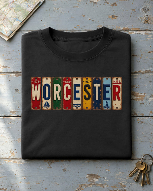 Worcester, Massachusetts vintage license plate t-shirt in Black