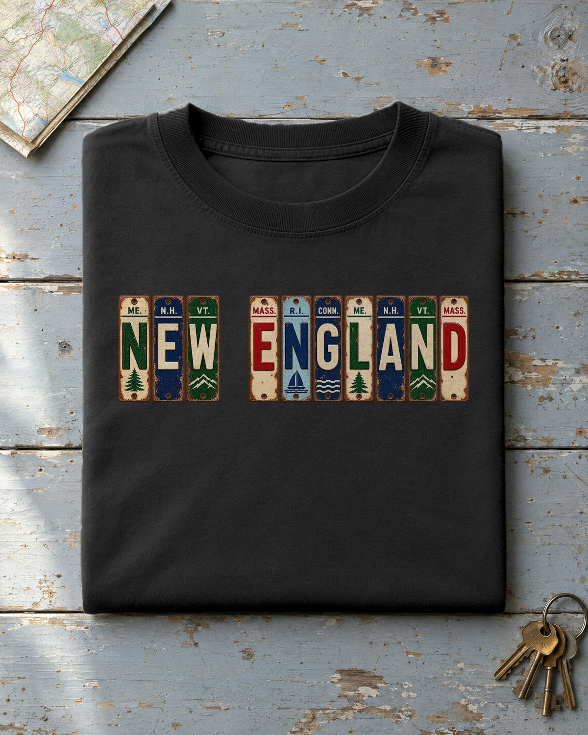 New England vintage license plate t-shirt in Black