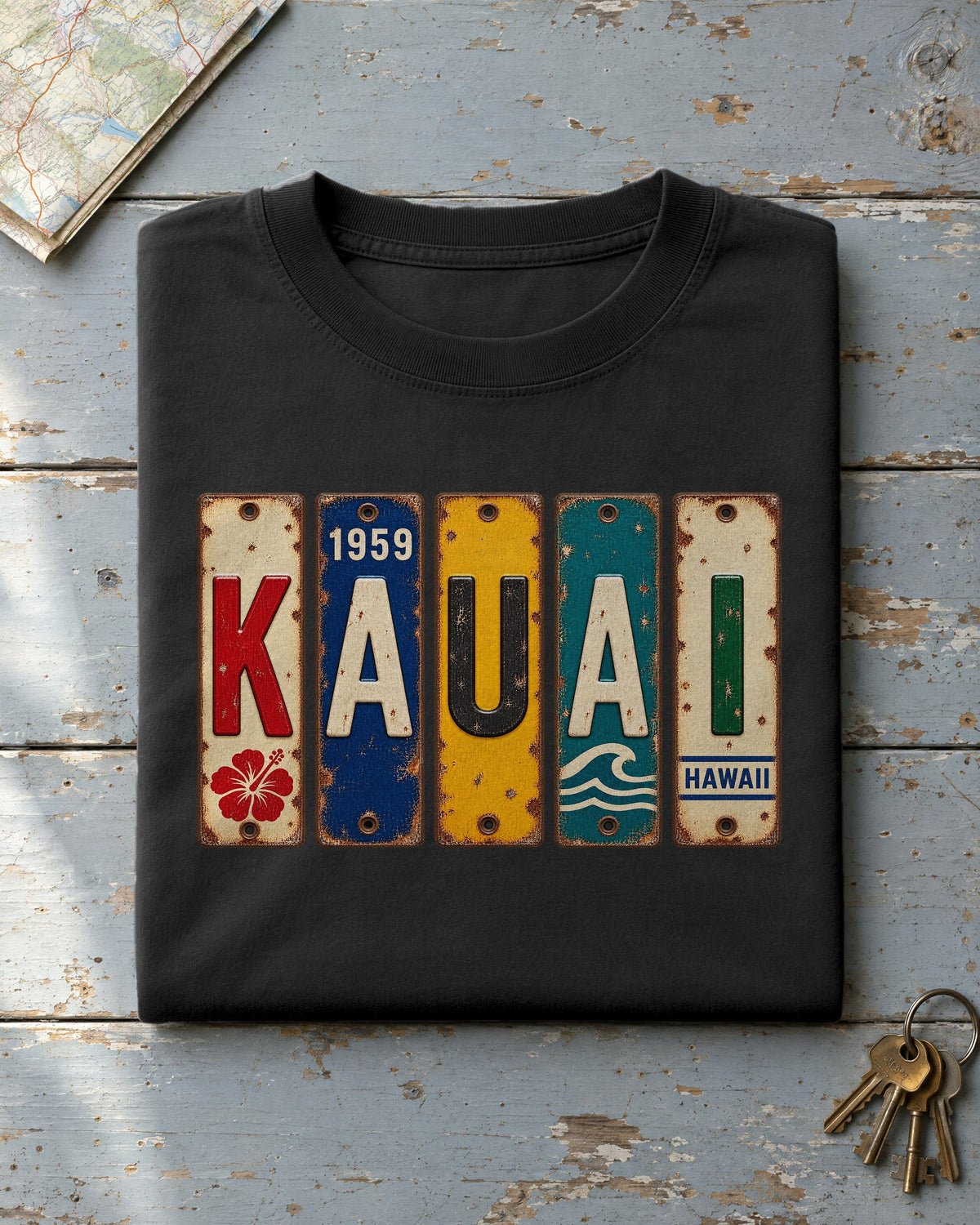 Kauai, Hawaii vintage license plate t-shirt in Black