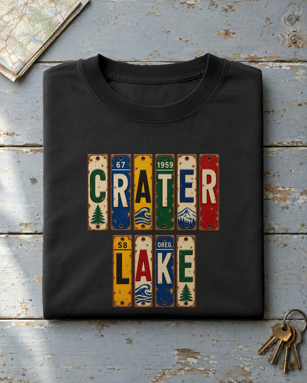 Crater Lake, Oregon vintage license plate t-shirt in Black