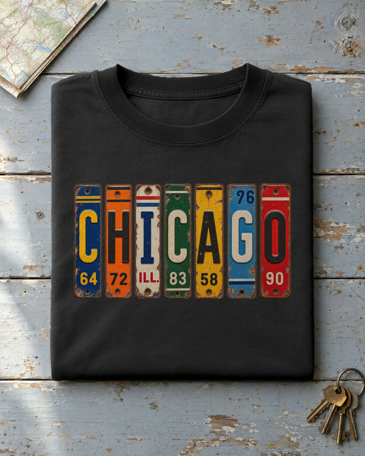 Chicago, Illinois vintage license plate t-shirt in Black