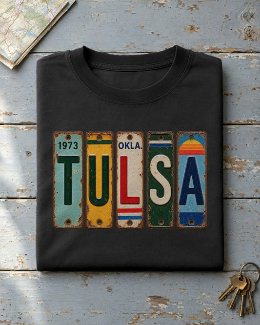 Tulsa, Oklahoma vintage license plate t-shirt in Black