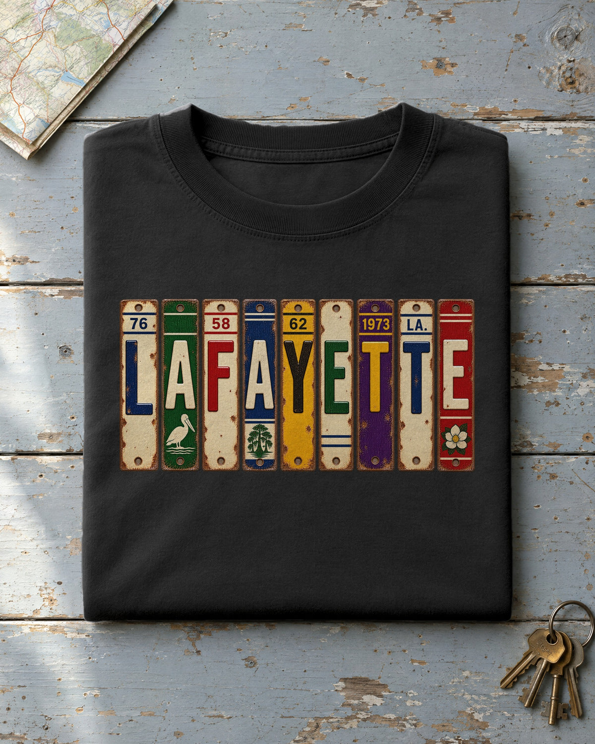 Lafayette, Louisiana vintage license plate t-shirt in Black