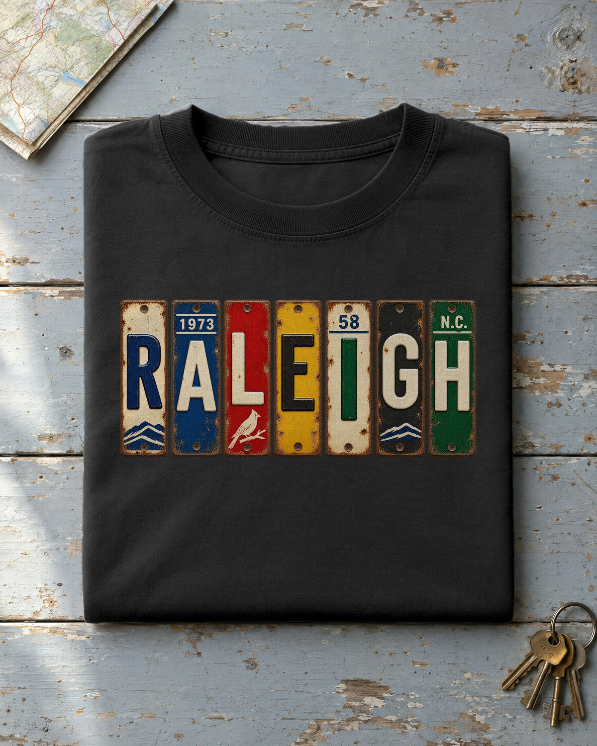 Raleigh, North Carolina vintage license plate t-shirt in Black