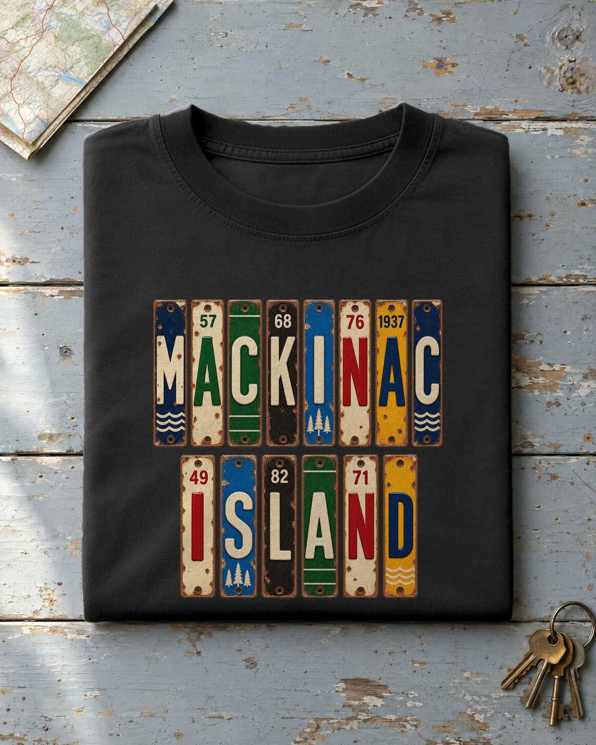 Mackinac Island, Michigan vintage license plate t-shirt in Black