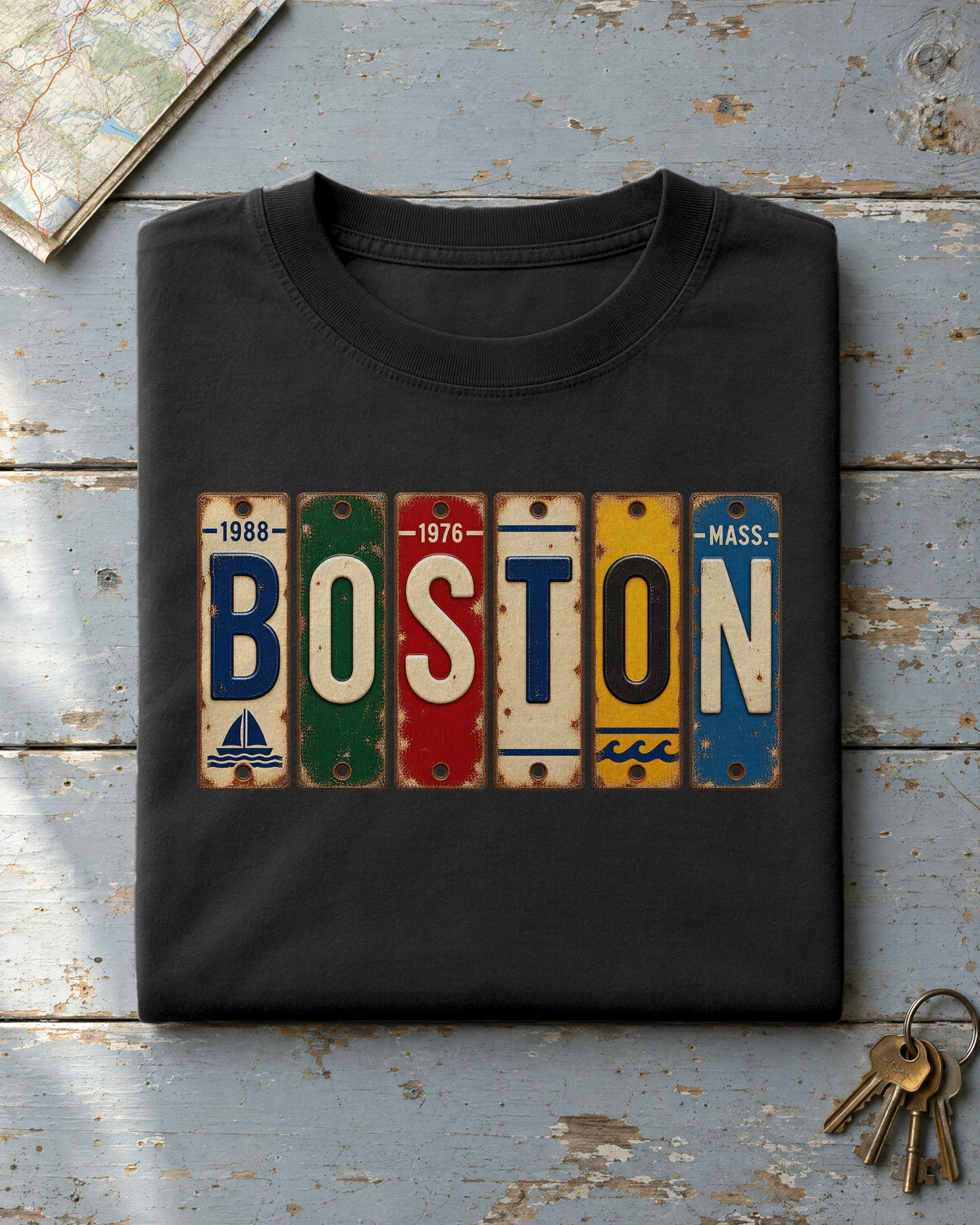 Boston, Massachusetts vintage license plate t-shirt in Black