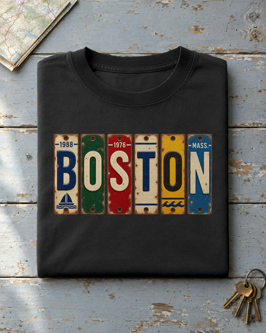 Boston, Massachusetts vintage license plate t-shirt in Black