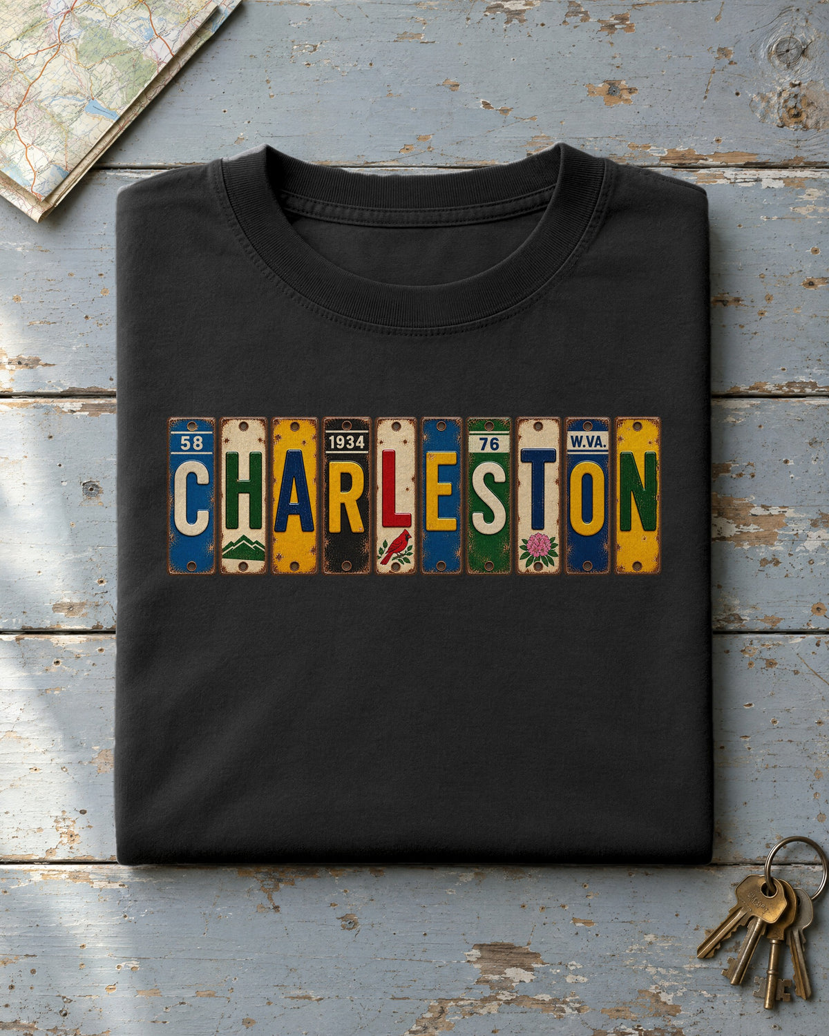 Charleston, West Virginia vintage license plate t-shirt in Black