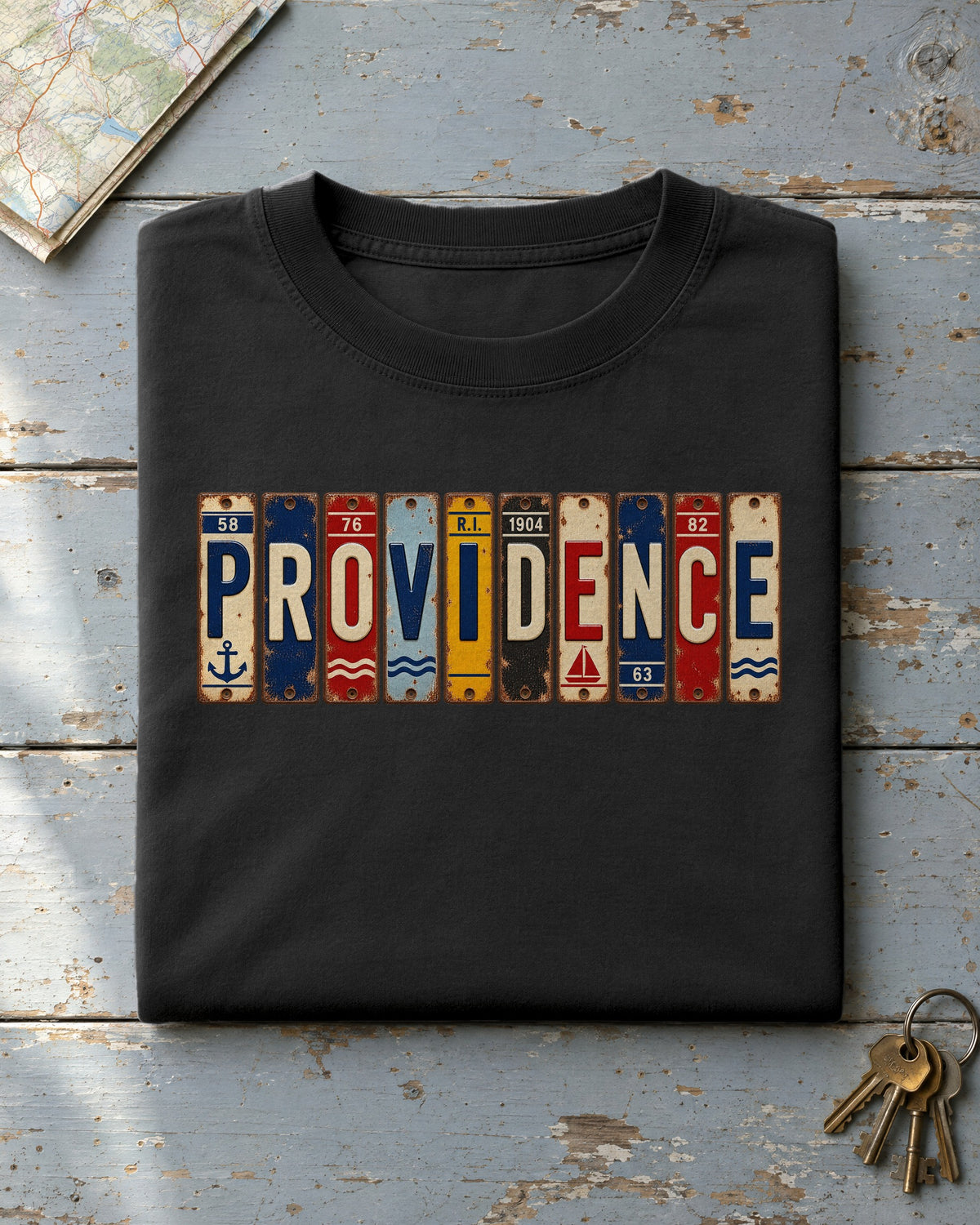 Providence, Rhode Island vintage license plate t-shirt in Black
