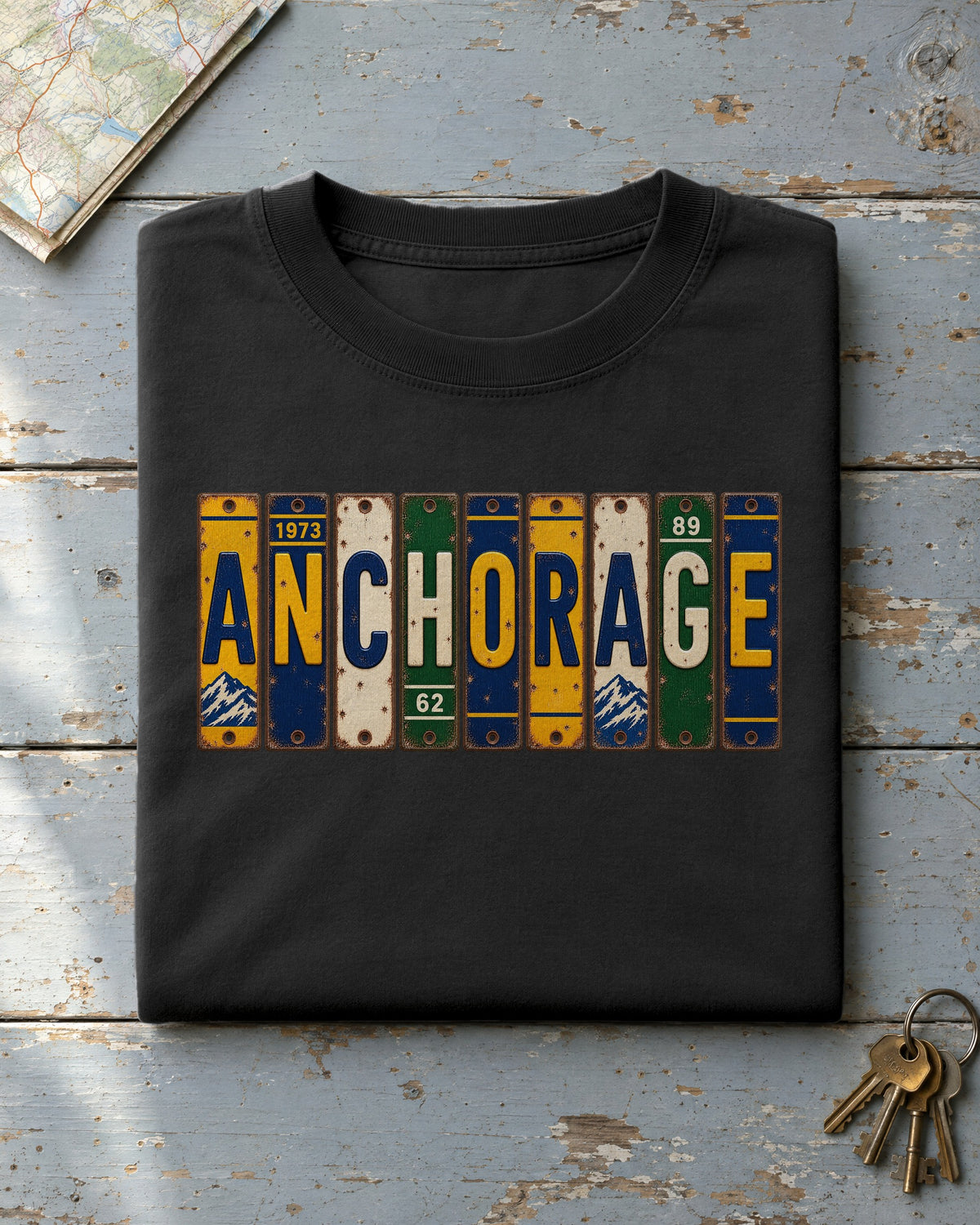 Anchorage, Alaska vintage license plate t-shirt in Black