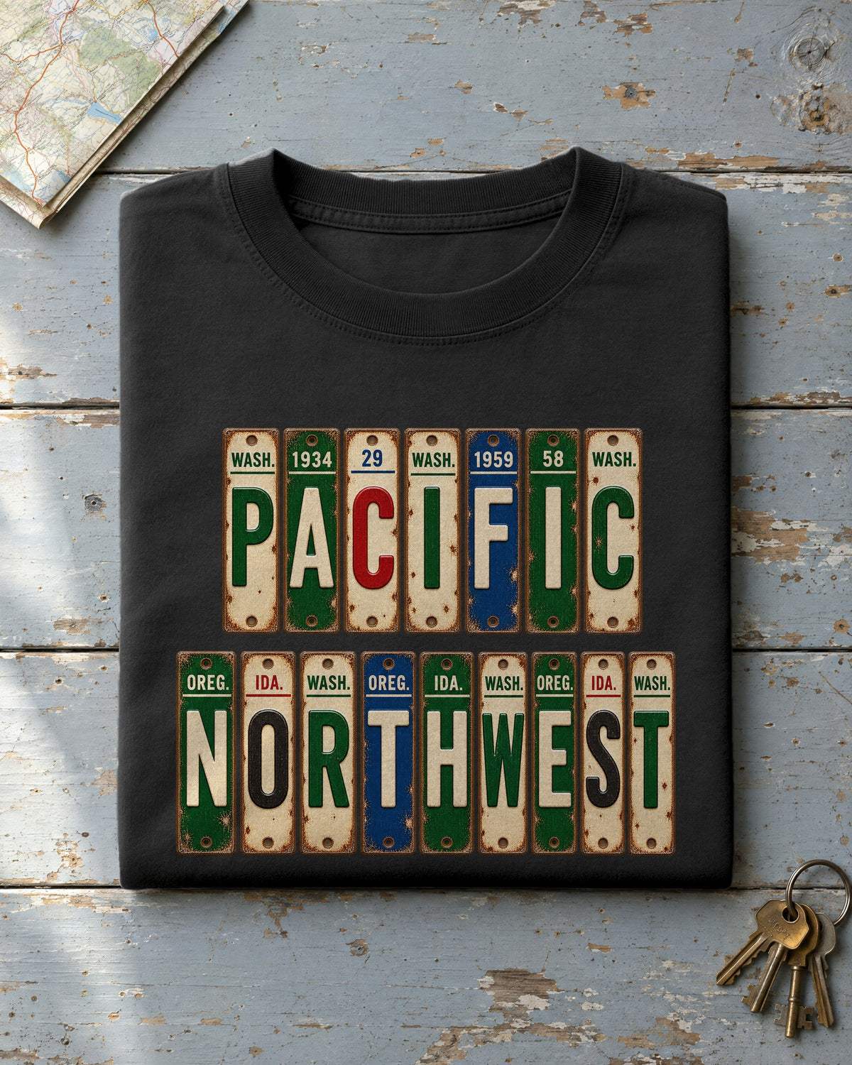 Pacific Northwest vintage license plate t-shirt in Black
