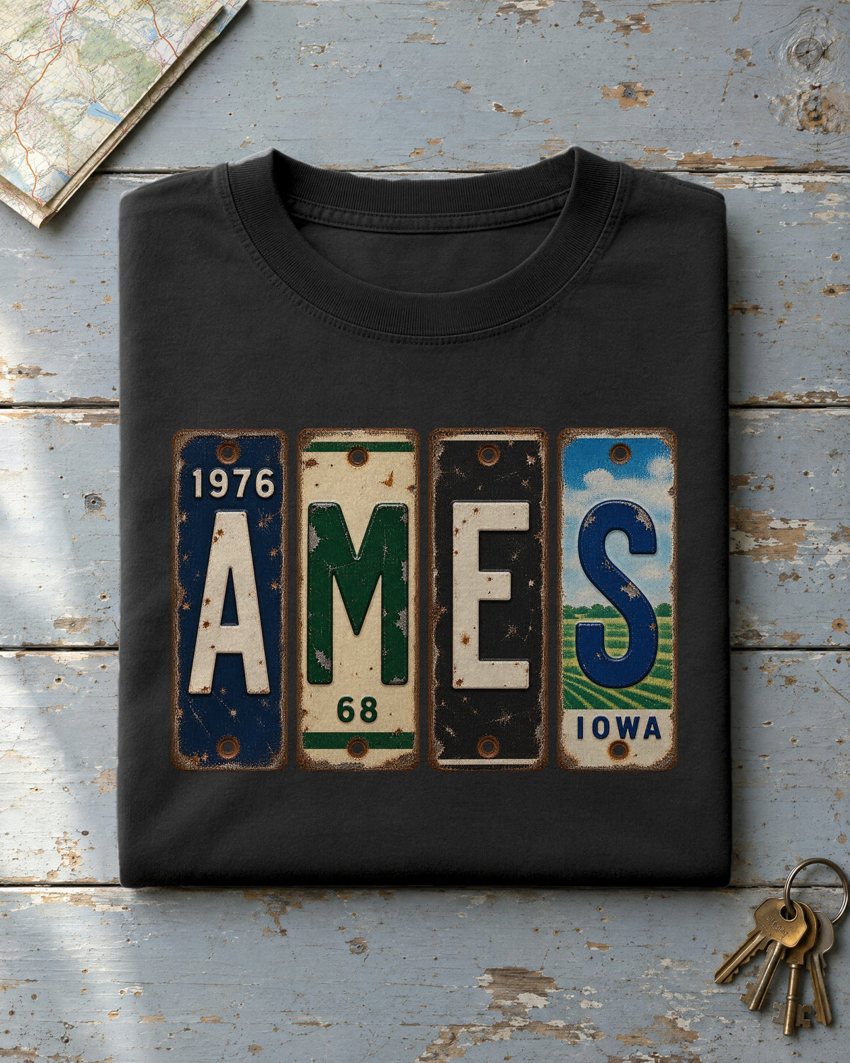 Ames, Iowa vintage license plate t-shirt in Black