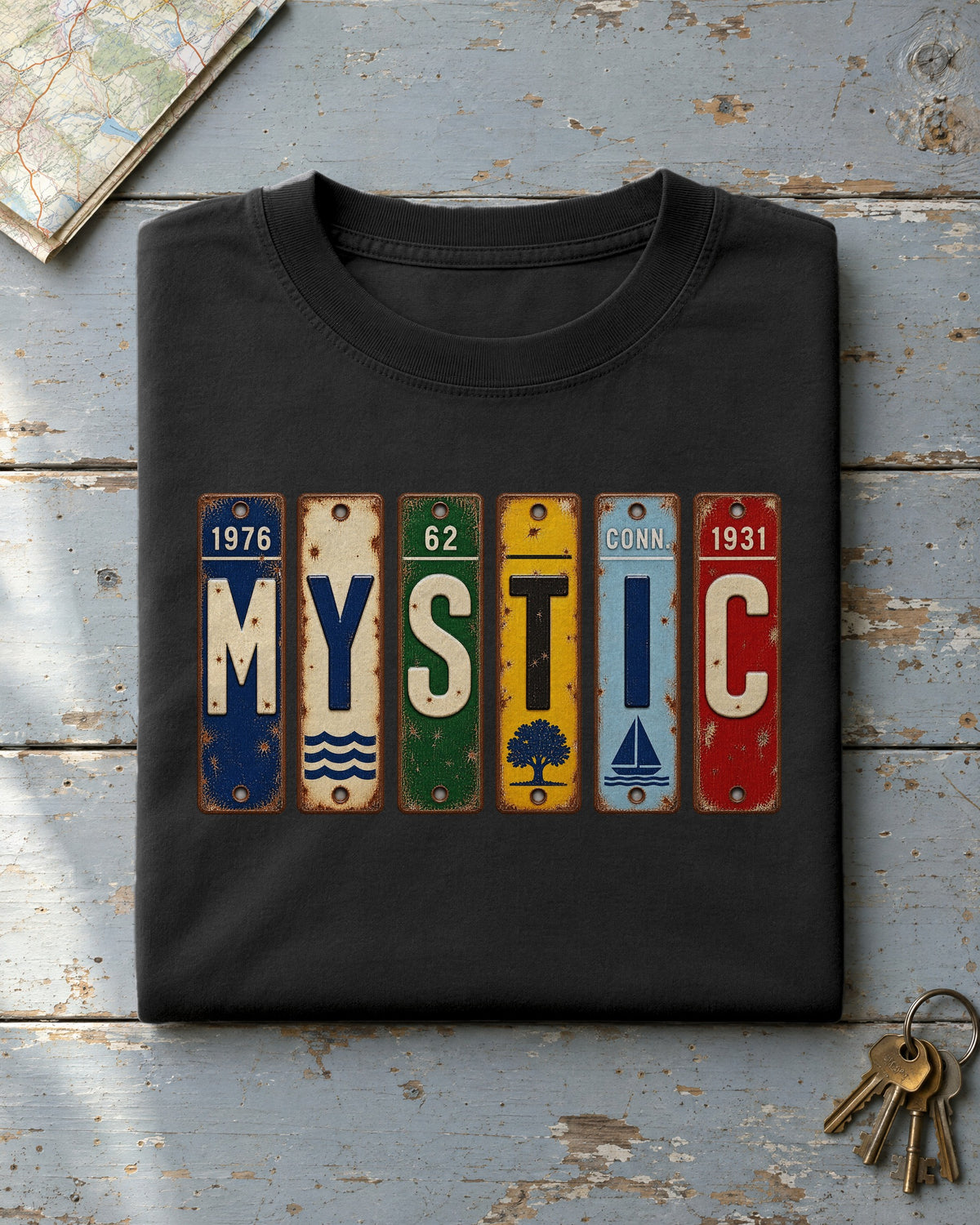 Mystic, Connecticut vintage license plate t-shirt in Black