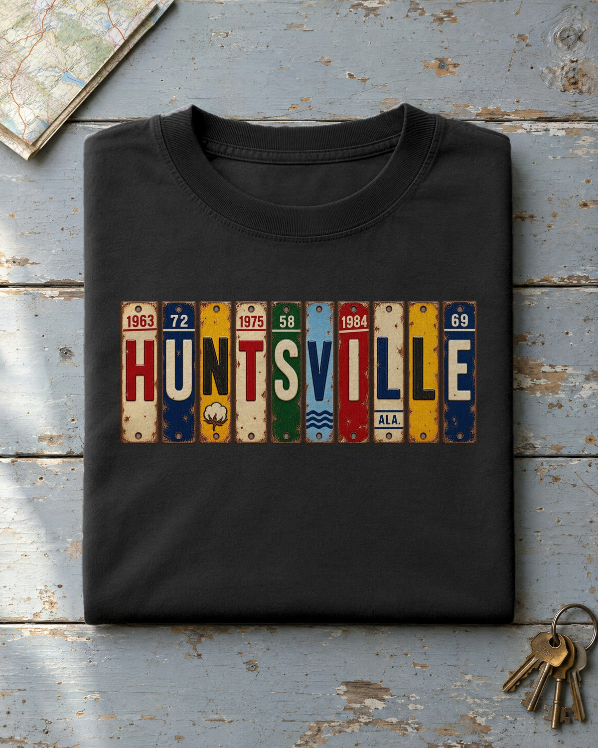 Huntsville, Alabama vintage license plate t-shirt in Black