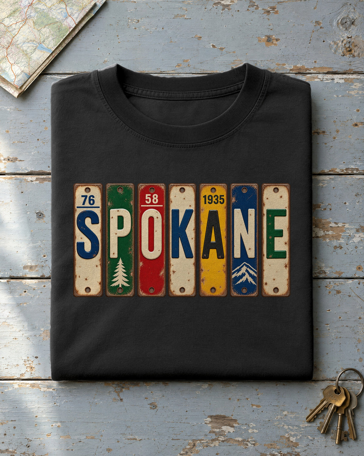 Spokane, Washington vintage license plate t-shirt in Black