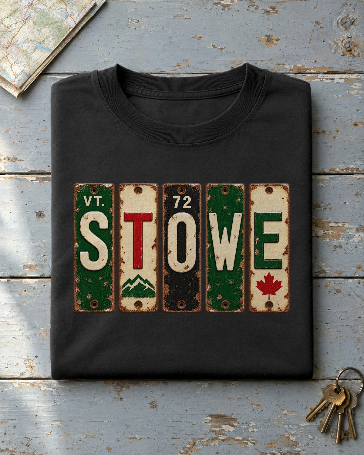 Stowe, Vermont vintage license plate t-shirt in Black