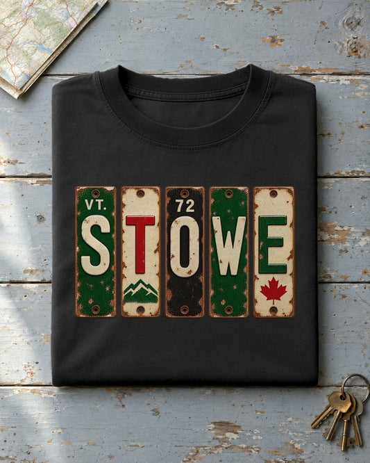 Stowe, Vermont vintage license plate t-shirt in Black