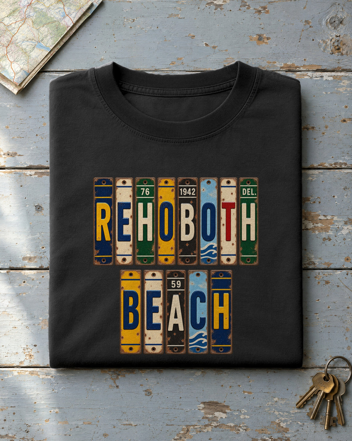 Rehoboth Beach, Delaware vintage license plate t-shirt in Black