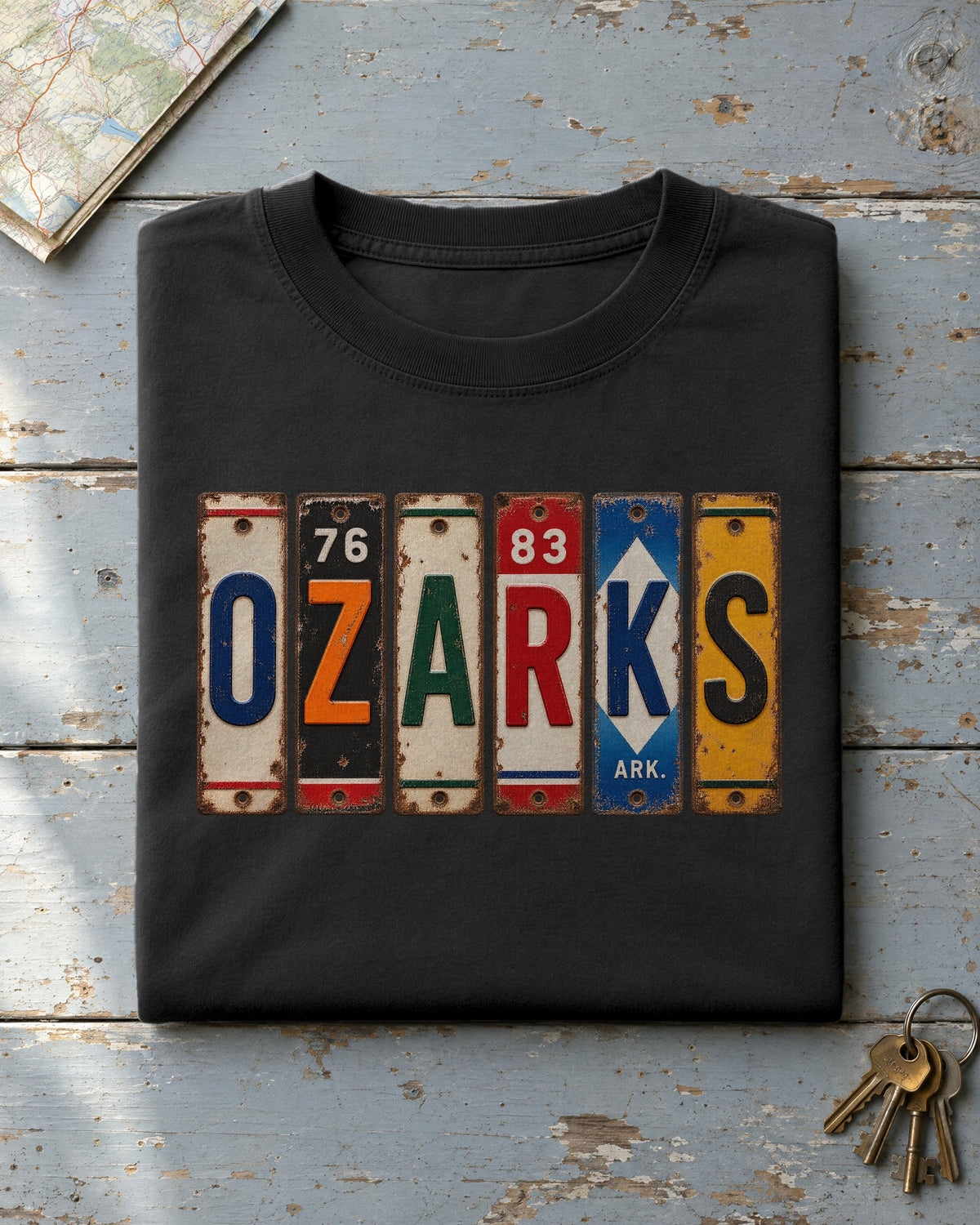 Ozarks, Arkansas vintage license plate t-shirt in Black