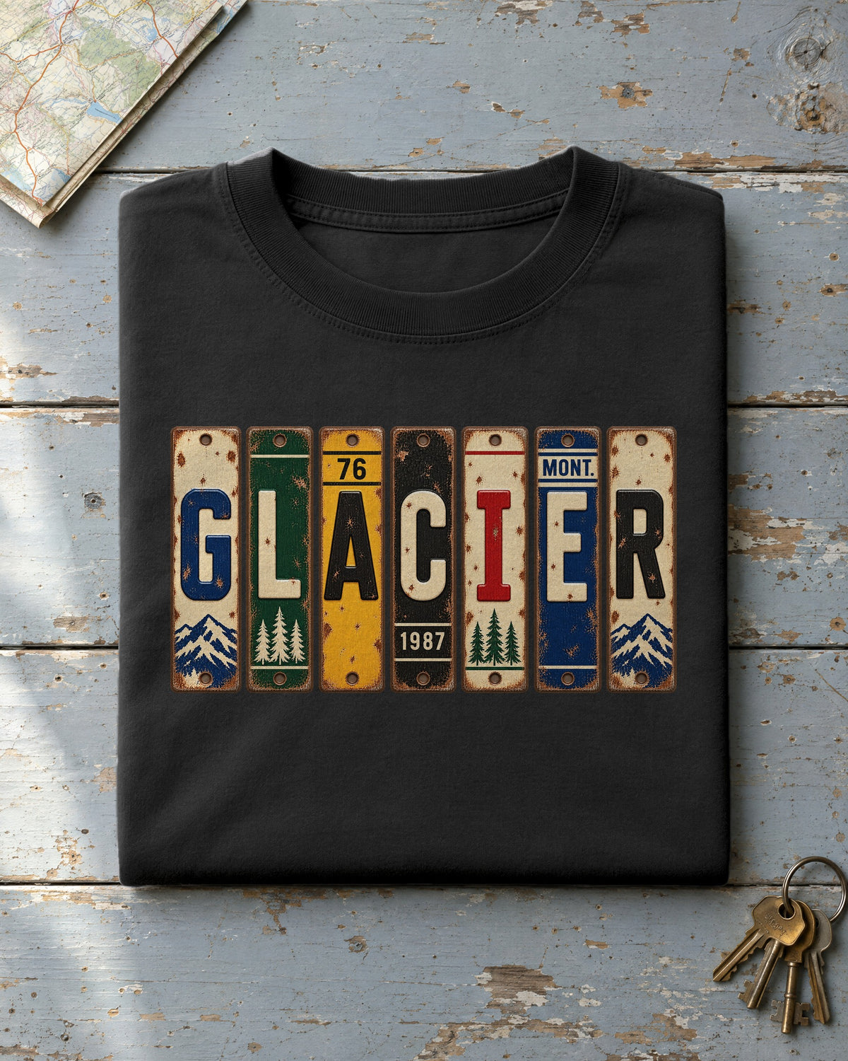 Glacier, Montana vintage license plate t-shirt in Black