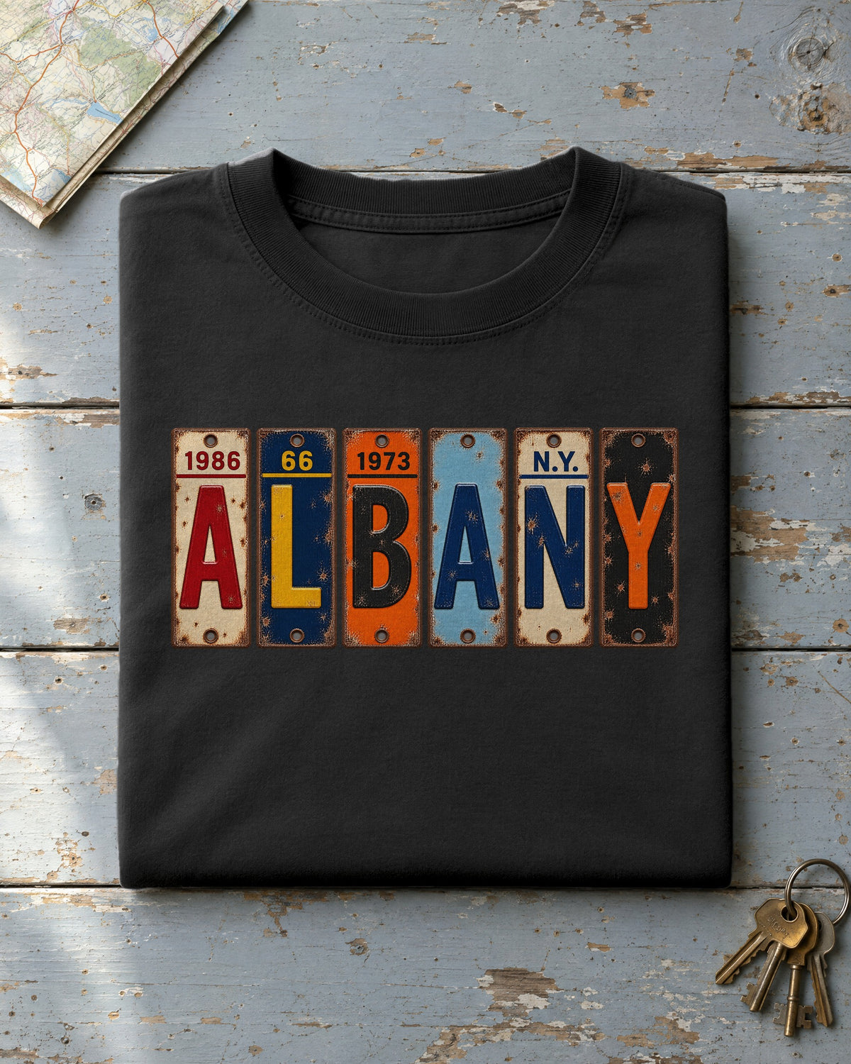 Albany, New York vintage license plate t-shirt in Black