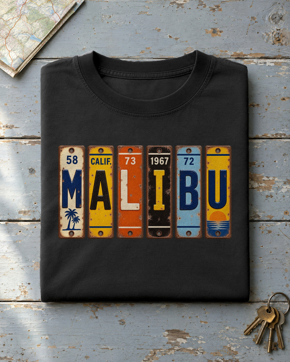Malibu, California vintage license plate t-shirt in Black
