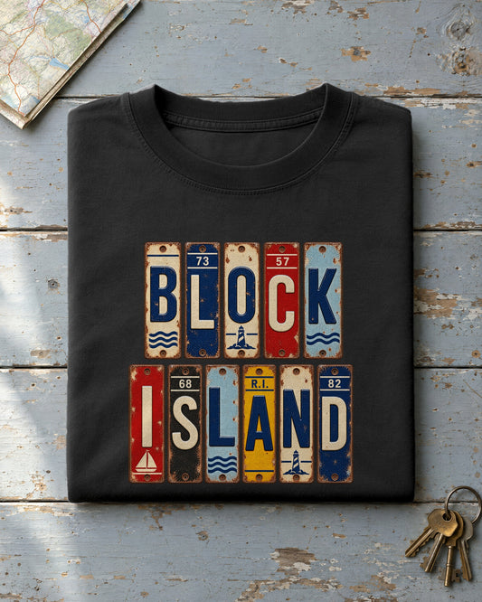 Block Island, Rhode Island vintage license plate t-shirt in Black