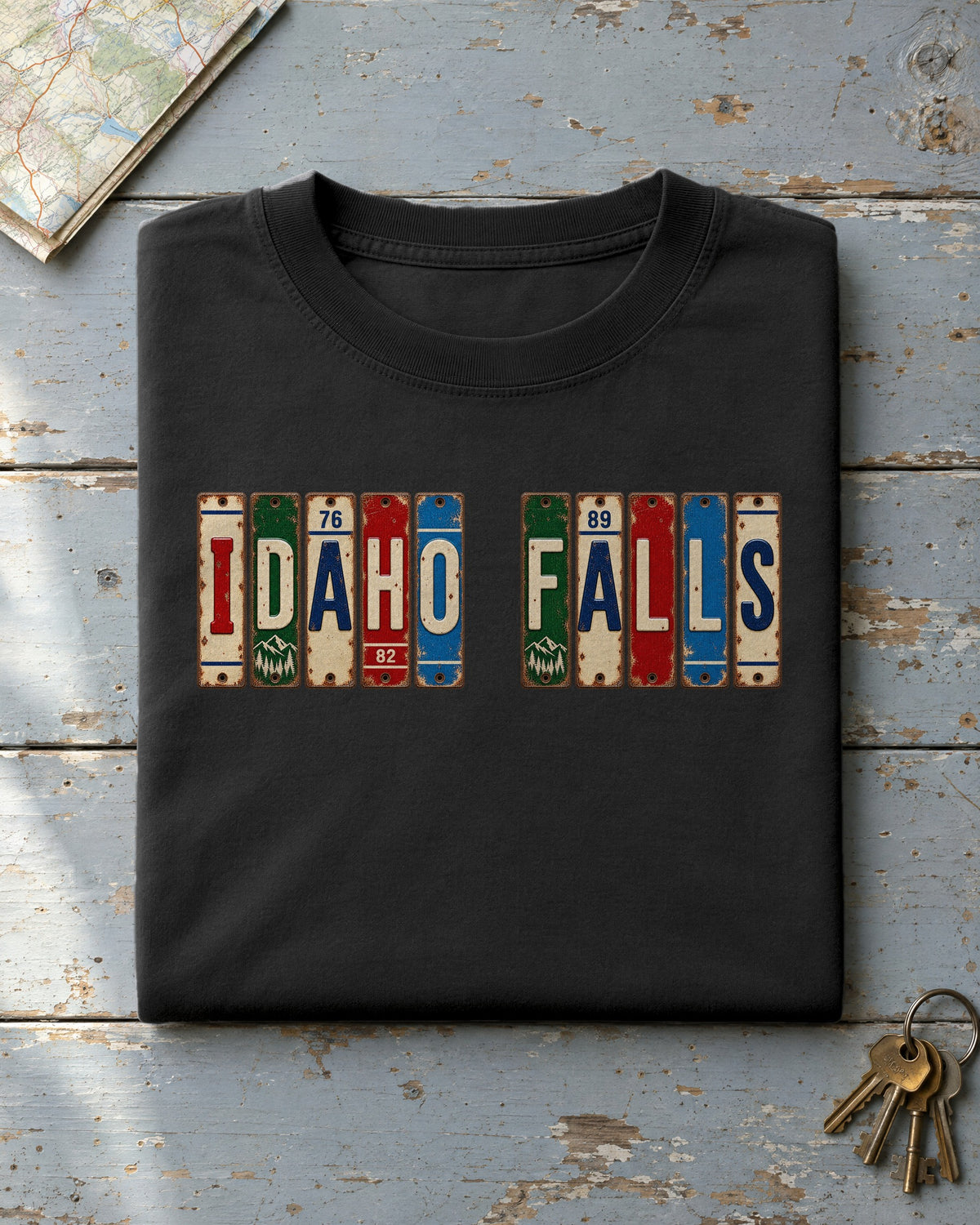 Idaho Falls, Idaho vintage license plate t-shirt in Black
